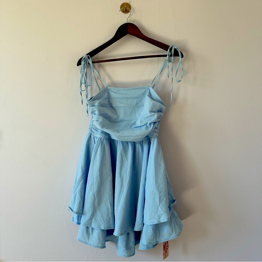 SHEIN NWT baby blue ruched dress strappy tie short mini spring